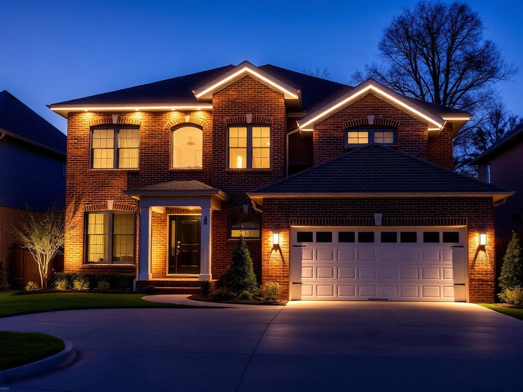 Brick home with warm white permanent LED roofline lighting at dusk