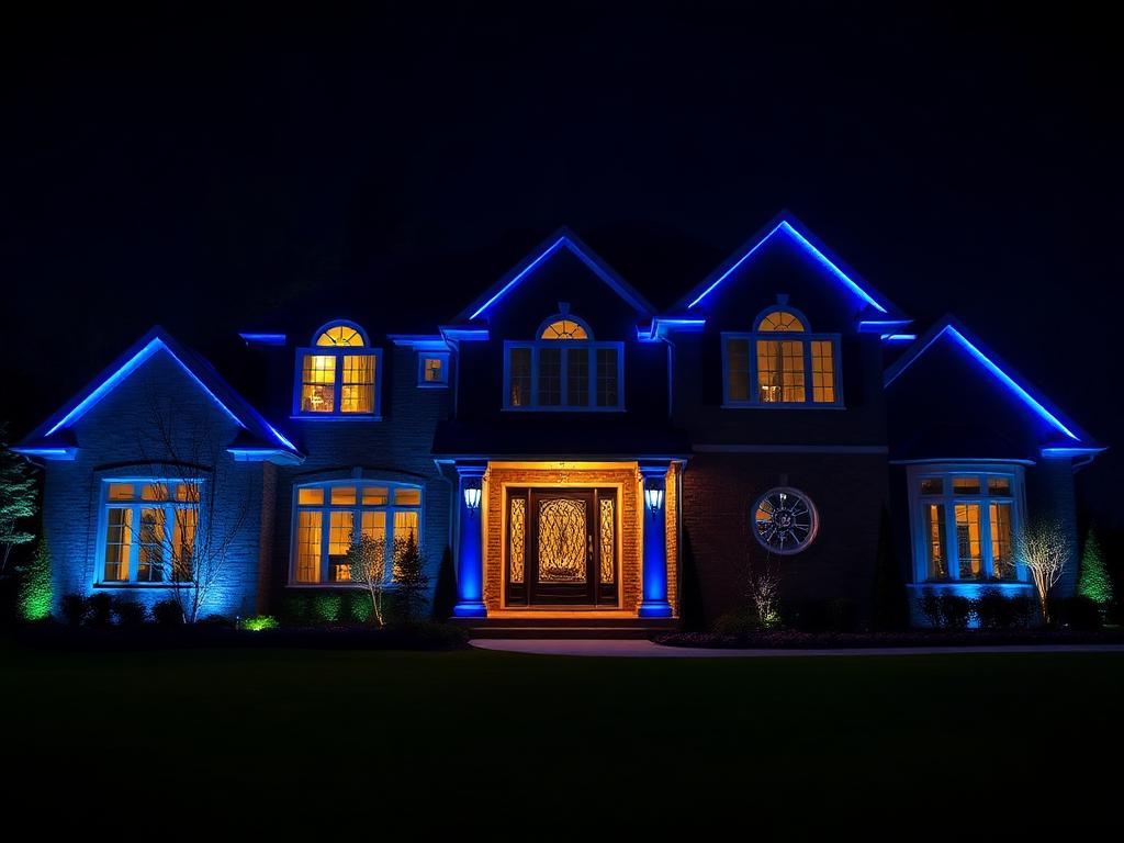 Luxury home lit with vibrant blue permanent LED accent lighting