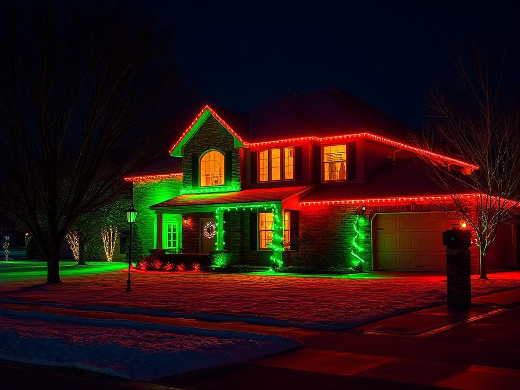 Home with red and green permanent LED holiday lighting
