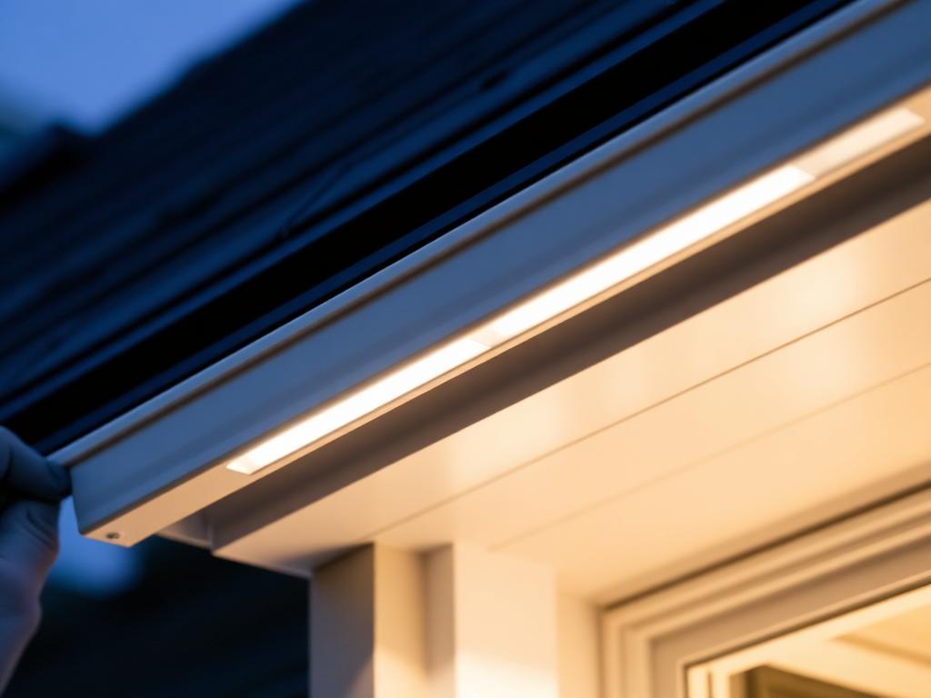 Close-up of a discreet white LED channel installed under a roof eave