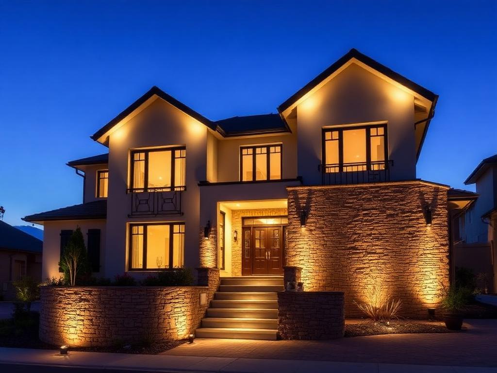 Stone facade home glowing with warm white permanent LED lighting
