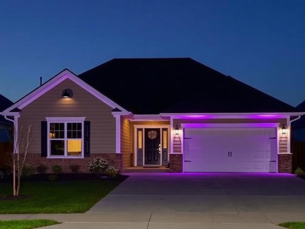 Ranch style home with purple and teal permanent LED lighting